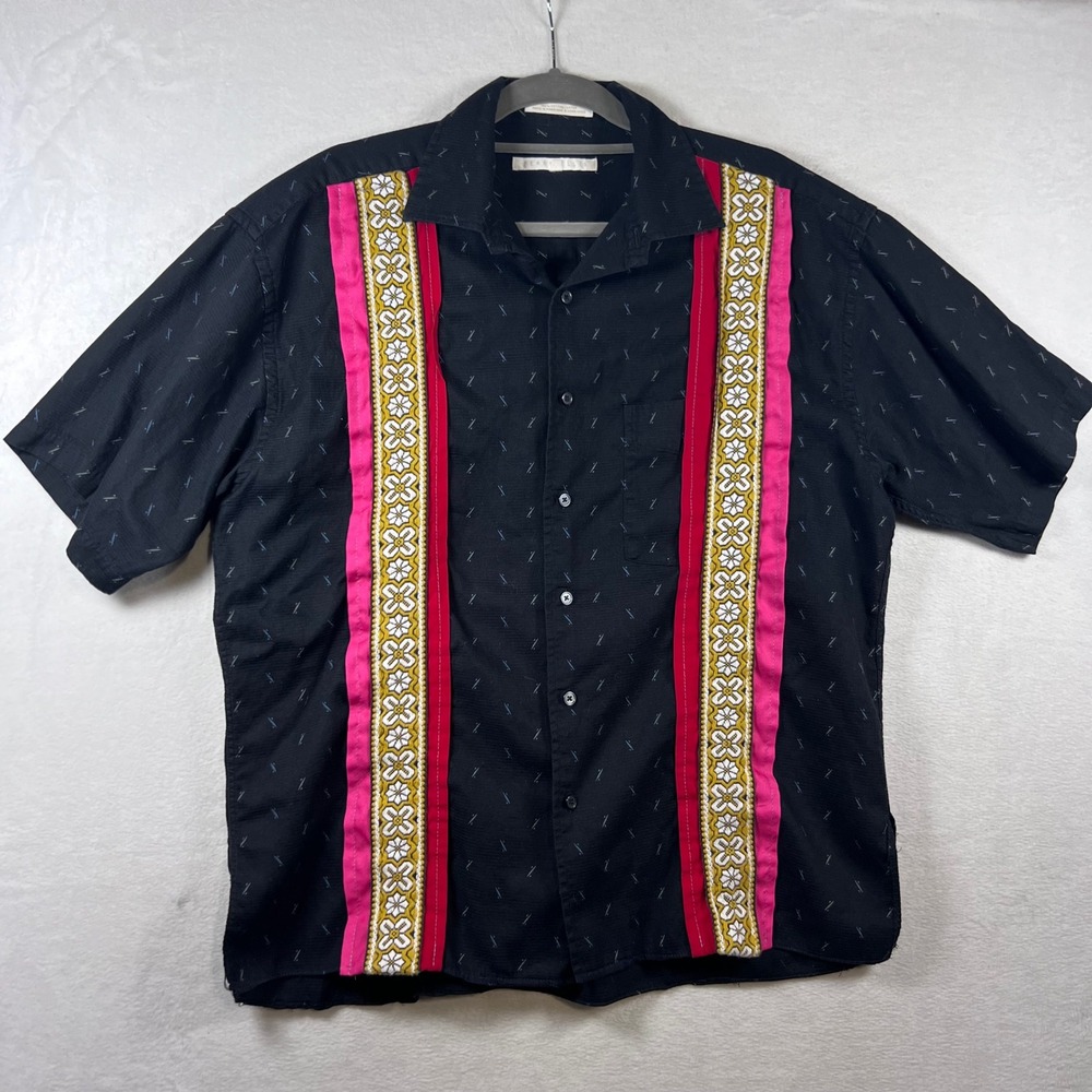Perry Ellis Men Black Button Up Pink Red Embroidered Trim XL 80s 90s‎ Bowling
